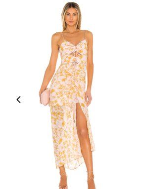 Significant Other Midi Dress US 2 AU 6 Blush Yellow Pineapple Palm Ruched Tie